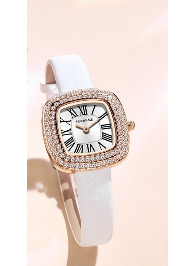 Mark Fairwhale Women‘s Square Diamond Quartz Watch - White Dial, White Leather Strap, Stainless Steel Case, Water Resistant - Image 2
